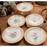 A Victorian Copeland part dessert service each piece decorated with flowers within a peach border