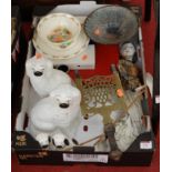 A box of miscellaneous china to include Staffordshire Spaniels, Doulton Bunnykins bowl, brass trivet