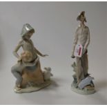 A Spanish porcelain figure group of two children and a goose, height 28cm, together with a Lladro