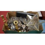 A box of miscellaneous metalware, to include Victorian entrée dish and cover, turned brass