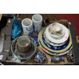 A box of miscellaneous china to include a pair of blue & white vases of wrythen moulded form