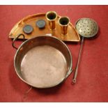 A collection of various metalware to include a Victorian copper jam pan, a brass chestnut warmer,