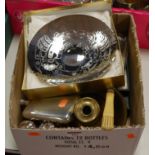 A box of miscellaneous metalware, to include pair of silver plated chambersticks, silver plated