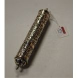 A 20th century continental silver scroll sleeve of pierced cylindrical form having all over