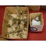 A pair of 20th century brass five branch ceiling lights, together with matching wall lights and