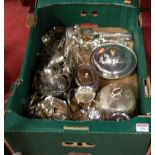 A box of miscellaneous silver plated wares, to include an Old Sheffield Plate tea caddy of oval form