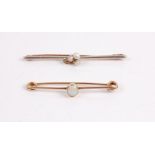 A yellow metal seed pearl and diamond point set safety pin bar brooch, unmarked but tests as