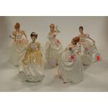 Five Royal Doulton figurines to include Gift of Love HN3427, Lucy HN3653, Natalie HN3173, and Dawn