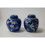 A pair of Chinese export blue and white ginger jars and covers, each decorated with prunus, h.15cm