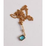 A 15ct gold, blue topaz and seed pearl set pendant, 35mm, on 15ct gold finelink neck chain, gross