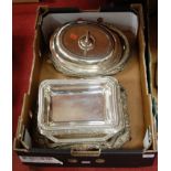 A box of miscellaneous silver plated wares, to include various entrée dishes