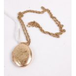 A modern 9ct gold and engraved oval picture locket on finelink neck chain, gross weight 11.5g,