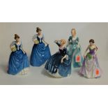 Five Royal Doulton figurines to include Helen HN3601 (x2), Tina HN3494, Yvonne HN3038, and Jessica