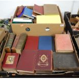 Two boxes containing various leather bound and hard backed books to include History of England by Wm