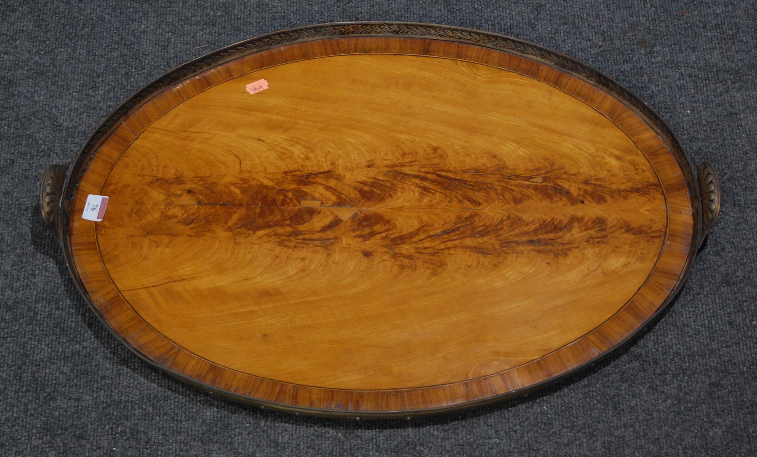 A 19th century mahogany cross banded and silver plated oval galleried tray, width 70cm