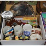 A box of miscellaneous items to include silver plated waiter, Airfix plastic kit model of a 1926