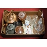 A box of miscellaneous items to include early 19th century glass rummer, copper range kettle,