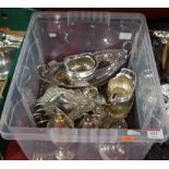 A box of miscellaneous silver plated wares, to include boat shaped table centrepiece, Georgian style