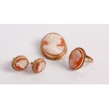 A 9ct gold mounted carved shell cameo brooch, 30 x 24mm, a cameo ring, and a pair of ear studs, each