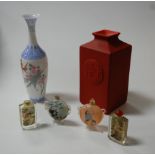 A reproduction Chinese reverse painted scent bottle and stopper, together with a Chinese glass vase,
