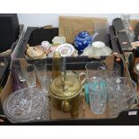 Two boxes containing a collection of items to include an early 20th century brass kettle on stand, a
