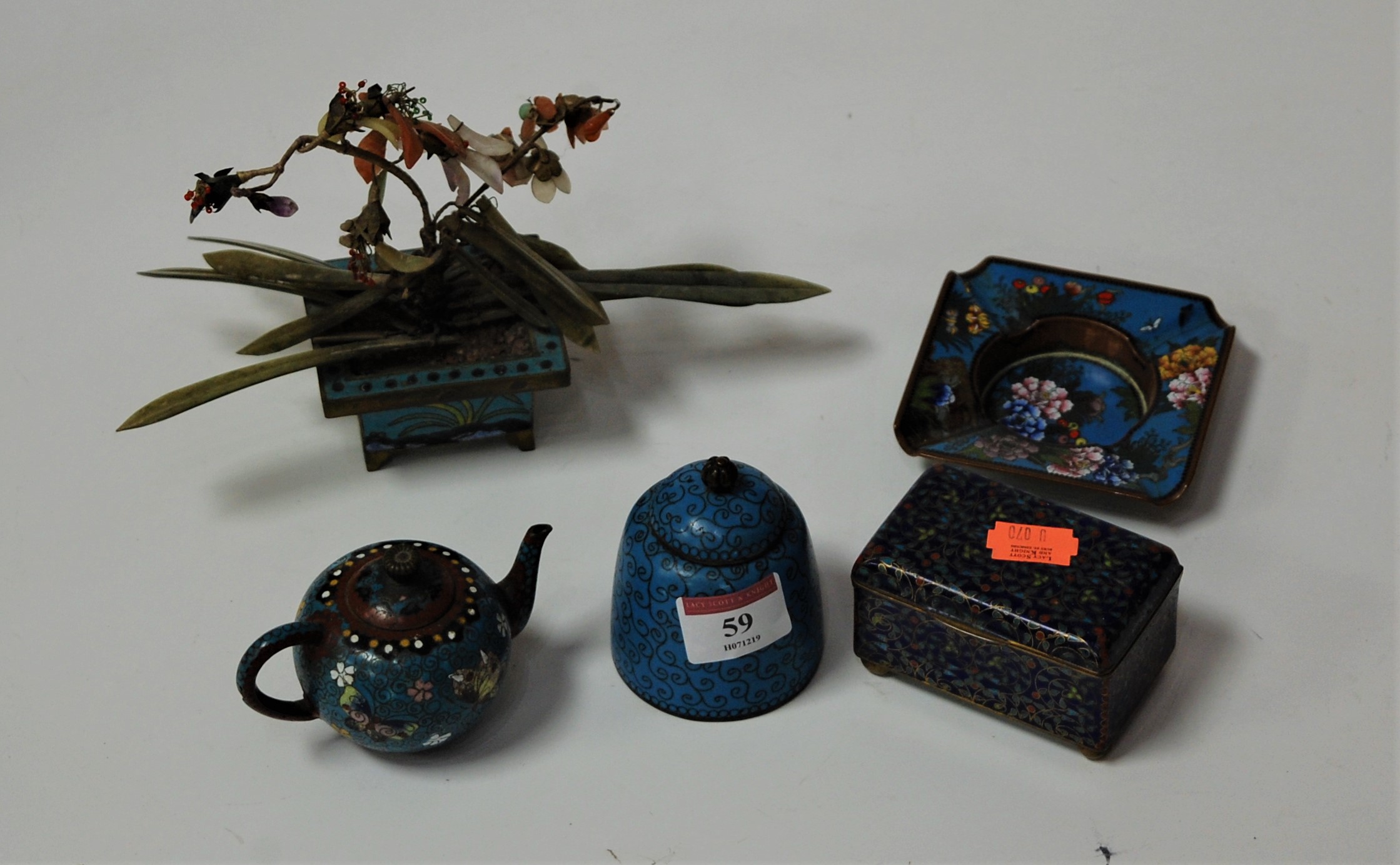 A small Japanese cloisonne teapot and cover, together with ashtray, jar and cover, trinket box