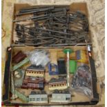 Two boxes of assorted 0 gauge locomotives, rolling stock and trackside accessories