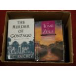 A box of miscellaneous hardback books to include RT Raichev 'The Murder of Gonzago', Barbara