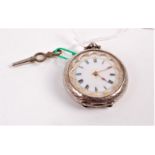 Early 20th century silver cased ladies open faced pocket watch having engraved case and keywind