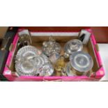 A box of miscellaneous silver plated wares, to include biscuit barrel and cover, hors d'oeuvre dish,