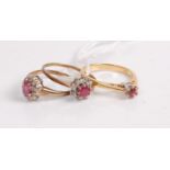 A 9ct gold, ruby and diamond cluster ring; together with a smaller 9ct gold, ruby and diamond