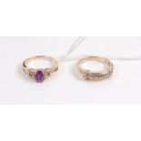 A 9ct gold amethyst and diamond highlight set dress ring, 2.7g, size O, together with one