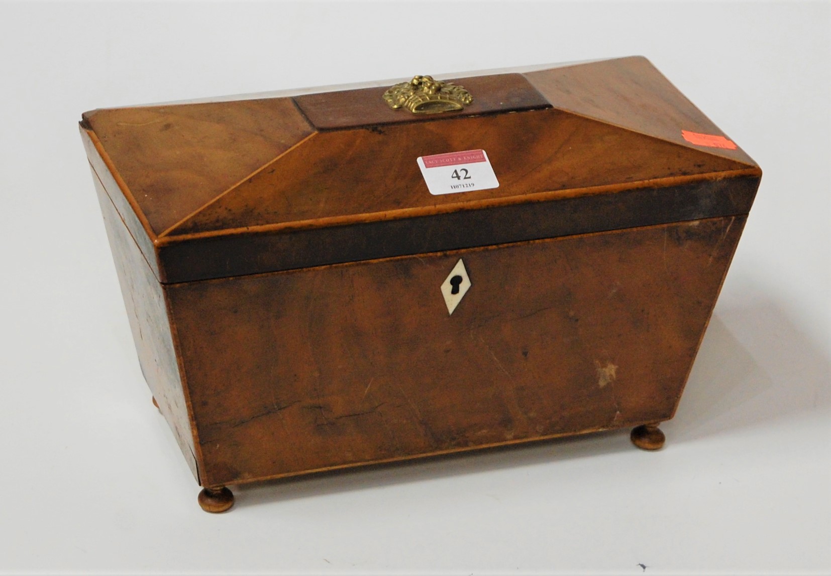 A late George III mahogany tea caddy of sarcophagus form having a twin compartment interior and