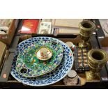 A collection of ceramics and metalwares to include a majolica strawberry dish, a Japanese blue &