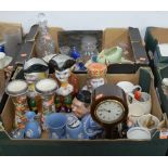 Two boxes of miscellaneous items to include an early 20th century mahogany cased balloon mantel