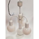 A modern white painted metal three branch ceiling light fitting, each with iridescent globular