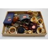 A box of miscellaneous items, to include carved netsuke, Chinese scent bottle, napkin rings,
