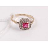A 9ct gold synthetic ruby and white stone set dress ring, 1.6g, size K