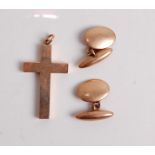 A pair of 9ct gold gent's cufflinks, being undecorated; together with a 9ct gold cross pendant, 18.