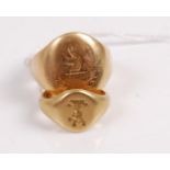 An 18ct gold small signet ring, 4.6g, size G; together with one other larger example, unmarked but