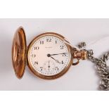 A gents Waltham gold plated full hunter pocket watch having keyless movement, 5cm, and on steel curb