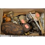 A box of miscellaneous items, to include white metal model of a royal carriage, brass vesta case,