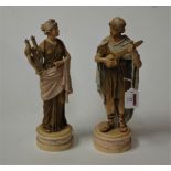A pair of circa 1900 continental porcelain figures of musicians, each in standing pose, him with a