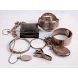 Assorted principally silver jewellery, to include hinged bangles, child's christening bangle,