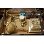 A box of miscellaneous items to include musical table top cigarette dispenser, Diamond Jubilee