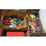 Two boxes containing a collection of various diecast toy vehicles, mainly Corgi