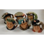 A collection of six Royal Doulton character jugs to include The Falconer D6533, Falstaff D6287,
