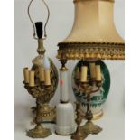 A pair of brass four sconce table light fittings, together with three other table lamps (5)