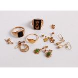 A collection of principally 9ct gold wares, to include black onyx set signet rings, small signet