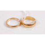 A 22ct gold wedding band, 6.5g, size N, together with an 18ct gold example, 4.3g (2)